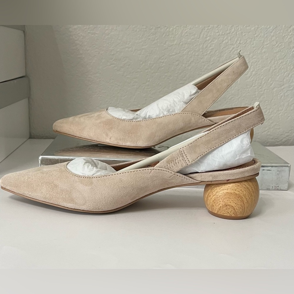 Matiko Nude/Tan Suede Slingback Heels with Rounded Wood Heel